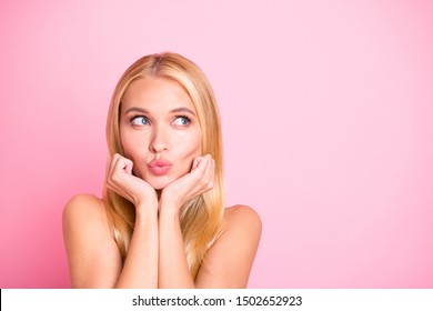 Closeup Photo Of Amazing Lady Dreamer Looking Up Empty Space Wish Summer Never End Wear White Tank-top Isolated On Pink Color Background