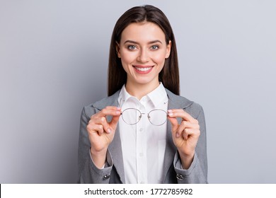 Closeup Photo Of Attractive Business Lady Perfect Appearance Beaming Smiling Taking Off Specs Good Eyesight After Laser Operation Wear White Shirt Plaid Blazer Isolated Grey Color Background