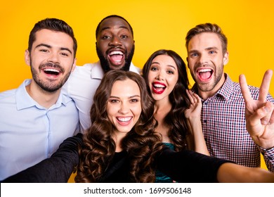 Closeup photo of attractive fancy ladies macho guys company students graduation party best friends buddies making selfies show v-sign symbol isolated yellow color background - Powered by Shutterstock