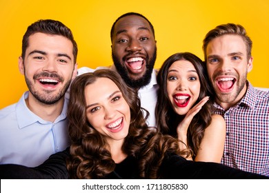 Closeup Photo Of Attractive Fancy Ladies Macho Guys Company Students Graduation Party Best Friends Buddies Making Selfies Positive Emotions Expression Isolated Yellow Color Background