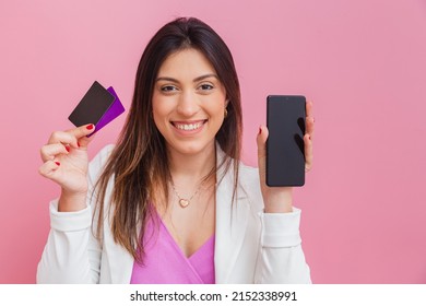 Close-up Photo, Beautician Doctor, Businesswoman, Entrepreneur, Holding Cell Phone And Credit Cards. Payment Methods, Online Shopping. Mobile Shopping Concept