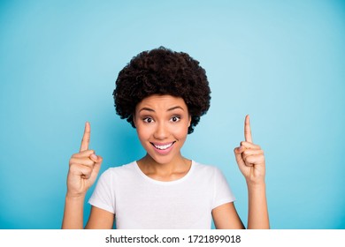 Closeup photo of beautiful funny dark skin curly lady sales manager indicating fingers up empty space low prices shopping wear casual white t-shirt isolated blue color background