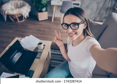 Closeup Photo Of Beautiful Funny Pretty Lady Sit Sofa Work Morning Browsing Notebook Freelancer Remote Work Home Quarantine Take Selfies Show V-sign Symbol Living Room Indoors