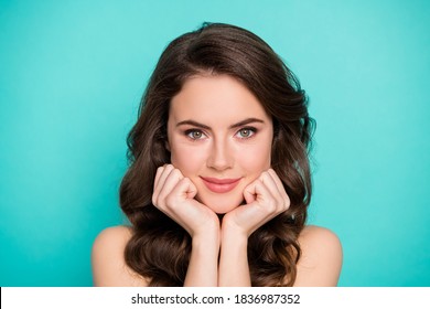 Closeup photo of beautiful tender lady curly hairstyle hands arms cheekbones silky smooth skin spa procedure look mirror enjoy reflection nude beauty isolated bright teal color background