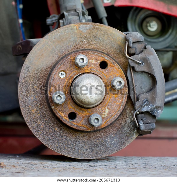 Closeup photo of car\
disc brakes servicing