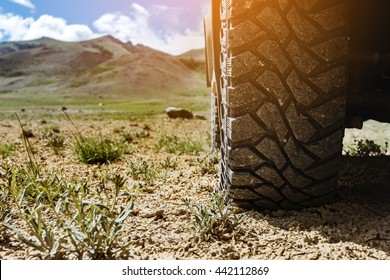 Closeup photo of car wheel on steppe terrain 