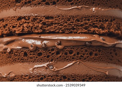 A close-up photo of a chocolate cake or dessert with a moist, porous texture and a rich brown color.