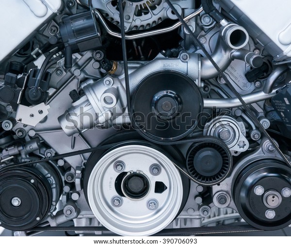 Closeup photo of a clean\
engine
