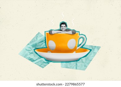 Closeup photo collage of big hot coffee cup with plate vintage print young guy sitting inside caffeine addicted person concept