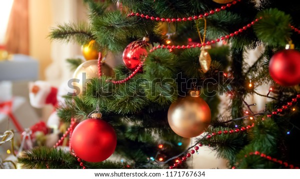 Closeup Photo Colorful Lights Baubles Hanging Stock Photo