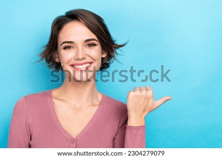 Closeup photo of confident manager lady direct thumb finger empty space commercial wear shirt isolated blue color background