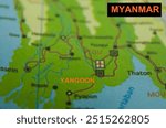 Close-up photo of the country of Myanmar with focus on the city of Yangoon and other major cities on the world map.