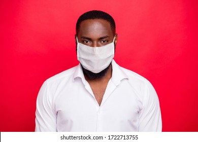 Closeup Photo Of Dark Skin Macho Guy Stay Safety Home Concept Wear White Formalwear Shirt Protective Flu Facial Mask Isolated Bright Red Background