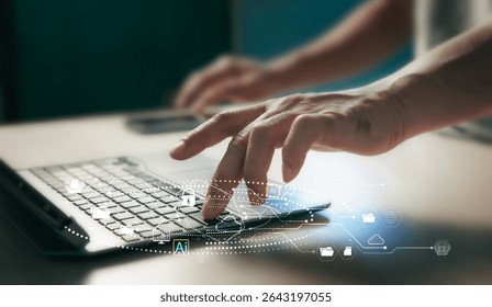Close-up photo. Digital technology data network analysis concept. Experts use laptops to connect to cloud servers and AI technology to store big data with a secure internet connection. - Powered by Shutterstock - Get 15% off with code: PIKWIZARD15