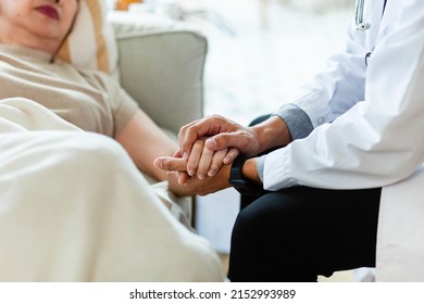 Close-up Photo Of Doctor Hand In Hand Of A Female Patient. Medical Treatment Concept. Therapist, Doctor, Comforting, Sick, Hope, Healing