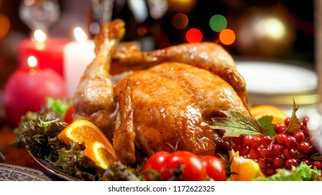 Closeup Photo Of Family Christmas Dinner With Baked Chicken