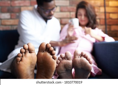 Closeup Photo Feet Interracial Couple Have Stock Photo