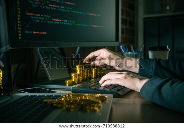 Closeup Photo Female Hacker Counting Bitcoin Stock Photo Edit Now - 