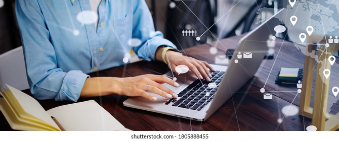 Close-up Photo Of Female Hands With Laptop. Young Woman Working Remotely At Home. Concept Of Networking Or Remote Work. Global Business Network. Online Courses.