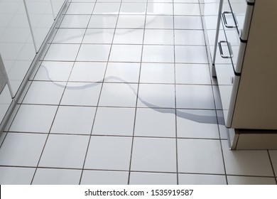 Close-up Photo Of Flooded Floor In Kitchen From Water Leak In Broken Dishwasher