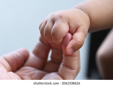 Closeup Photo Of Four Months Baby Hand Shaking With Grand Father Hand