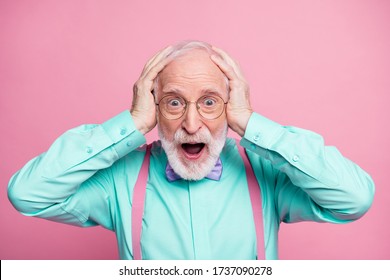 Closeup Photo Of Funky Cool Grandpa Toothy Smile Hands On Head Look Discount Prices Wear Specs Mint Shirt Suspenders Bow Tie Isolated Bright Pink Pastel Color Background