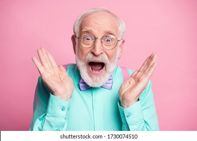 Closeup Photo Of Funky Crazy Grandpa Hands Raised Up See Discount Low Shopping Prices Wear Specs Mint Shirt Suspenders Bow Tie Isolated Bright Pink Pastel Color Background