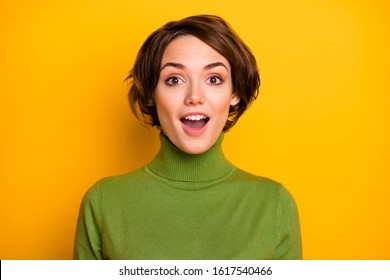 Really? Closeup Photo Of Funny Short Hairdo Lady Good Mood Listen Positive News Open Mouth Wear Casual Green Turtleneck Warm Sweater Isolated Yellow Color Background