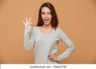 Close-up photo of funny young brunette woman in gray blouse showing OK gesture, looking at camera, isolated on beige background