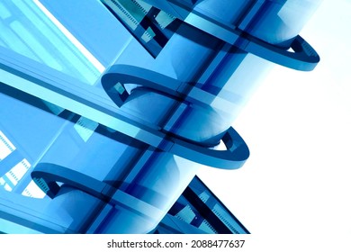 Closeup photo of girder. Abstract steel and glass structure of hitech building. Modern architecture. Macro photo of transparent business real estate. Material geometric background with spiral elements - Shutterstock ID 2088477637