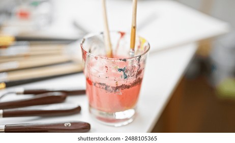 A close-up photo of a glass with paintbrushes dipped in water, showcasing the artistic process in a creative setting. - Powered by Shutterstock
