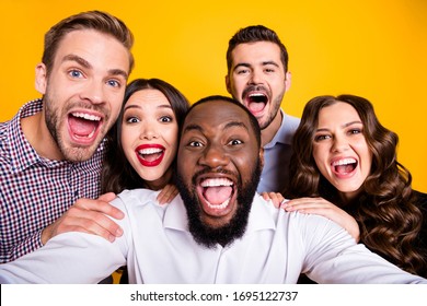 Closeup photo of gorgeous ladies guys five members company students graduation party best friends buddies make take selfies positive emotions expression isolated yellow color background - Powered by Shutterstock