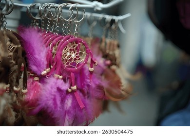 Una foto de primer plano de un atrapasueños de estilo bohemio artesanal colgando en un entorno al aire libre. La Imagen destaca los hilos detallados, cuentas y plumas del atrapasueños y simboliza la paz.