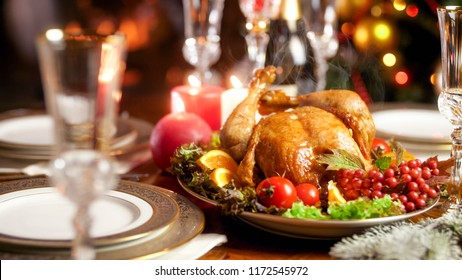 Closeup Photo Of Hot Freshly Baked Turkey On Family Festive Dinner