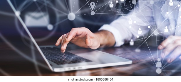 Close-up Photo Of Male Hands With Laptop. Man Working Remotely At Home. Concept Of Networking Or Remote Work. Global Business Network. Online Courses.