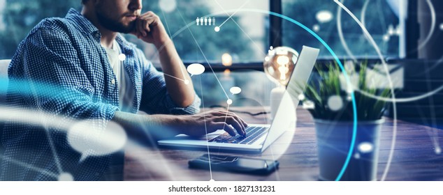 Close-up Photo Of Male Hands With Laptop. Man Working Remotely At Home. Concept Of Networking Or Remote Work. Global Business Network. Online Courses.