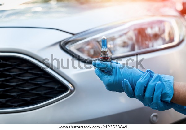 Close-up photo of a man\'s hands holding a car\
light bulb near the car for replacement. car repair lamp\
replacement or exchange. car\
headlight