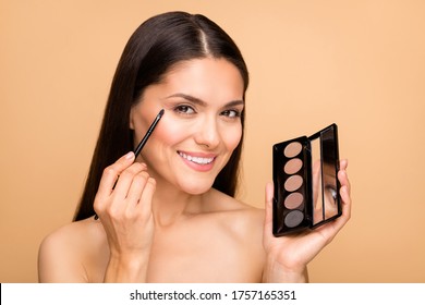 Closeup photo of mature latin naked lady in bathroom holding tone palette applicator going to make morning makeup looking mirror isolated beige pastel color background