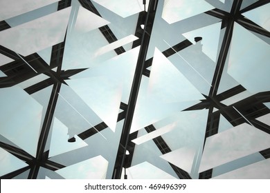 Close-up Photo Of Modern Glass Architecture Fragment. Reflections On Modular Glass Facade With Polygonal Structure. Abstract Architectural Background Composition.