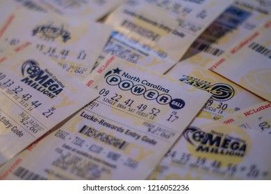 Closeup Photo Of Multiple Lottery Tickets Of Power Ball And Mega Millions, North Carolina, USA. October 30, 2018