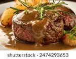 close-up photo of a perfectly cooked beef steak, smothered in a rich, golden gravy and sprinkled with fresh he