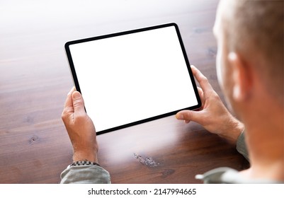 Closeup Photo Of Person Holding Digital Tablet, Empty Screen Mockup