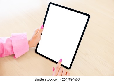 Closeup Photo Of Person Using Digital Tablet, Vertical Screen Mockup