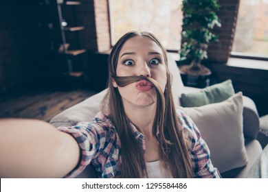 Closeup Photo Portrait Of Funny Excited Rejoicing Adorable Comedian Sweet She Her Crazy Girl Make Take Selfie On Smartphone Holding Hands