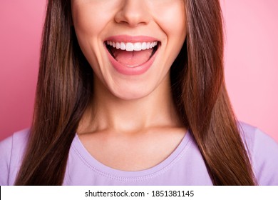 Close-up Photo Portrait Of Woman Smiling Mouth Lips Teeth Isolated On Pastel Pink Colored Background