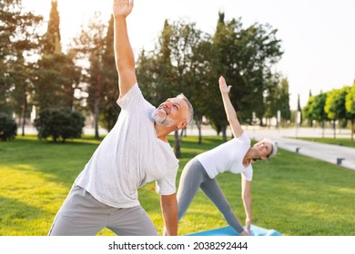 Close-up photo of positive retirees husband and wife performing partner yoga outside on green park lawn at sunrise, standing in extended triangle Utthita Trikonasana pose looking up with beaming smile