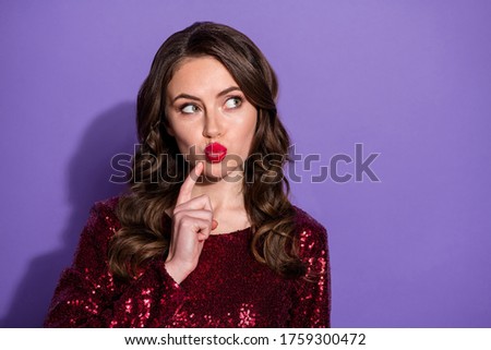 Closeup photo of pretty chic lady red lipstick amazing look students event party sending air kisses look interested empty space wear sequins burgundy dress isolated purple color background