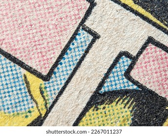 Closeup photo of a real vintage comic book panels with dot printing pattern on an old paper texture background - Shutterstock ID 2267011237