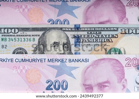 A close-up photo of a row of Turkish money with a US $100 bill in the middle, partially visible.