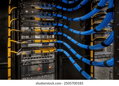 A close-up photo of a server rack with numerous blue and yellow cables neatly organized and secured using cable ties. The cables are connected to various ports on the server rack. - Powered by Shutterstock